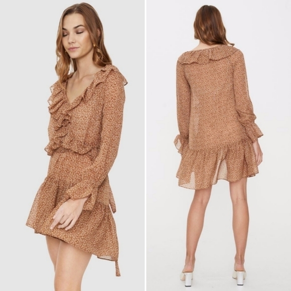 Cooper St NWT Rosie Long Sleeve Mini Dress 4 camel tan brown floral ruffle frill - Picture 2 of 10